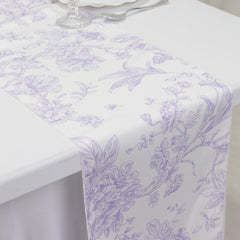 Polyester Table Runner 12"x108" White with Lavender Lilac French Toile Floral Print - Stylish Reusable Table Décor