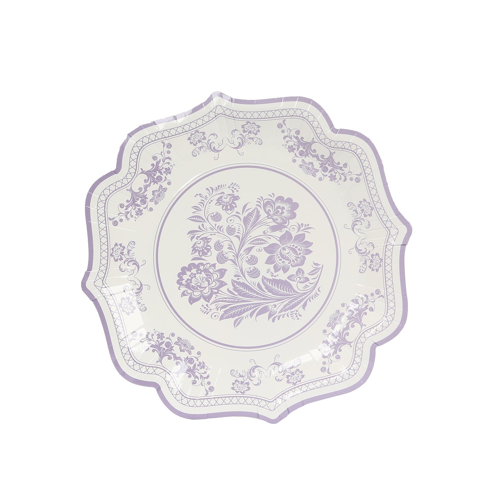 25-Pack Paper Dinner Plates in White Lavender Lilac Damask Floral Print & Scallop Rim - Stylish Disposable 300GSM Floral Party Plates 10"