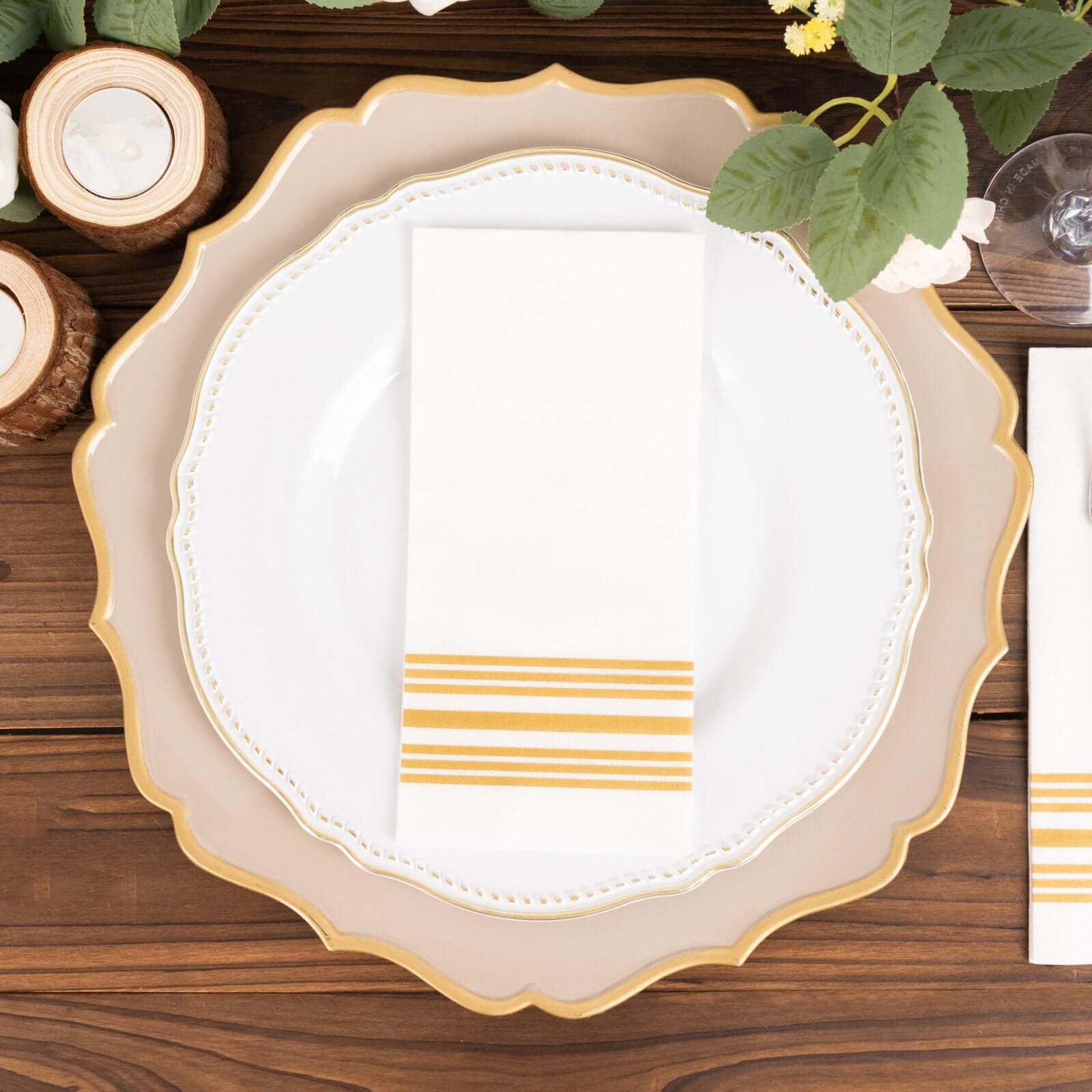 20 Pack Linen-Like Paper 8"x4" Napkins White With Gold Lines - Soft Hygienic Airlaid Guest Towels