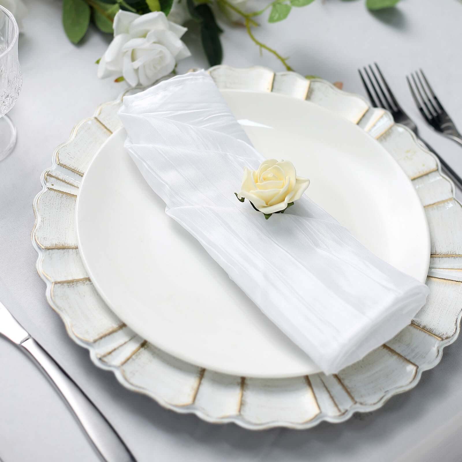 5 Pack Taffeta 20"x20" Napkins White - Accordion Crinkle Style Dinner Napkins for Upscale Dining
