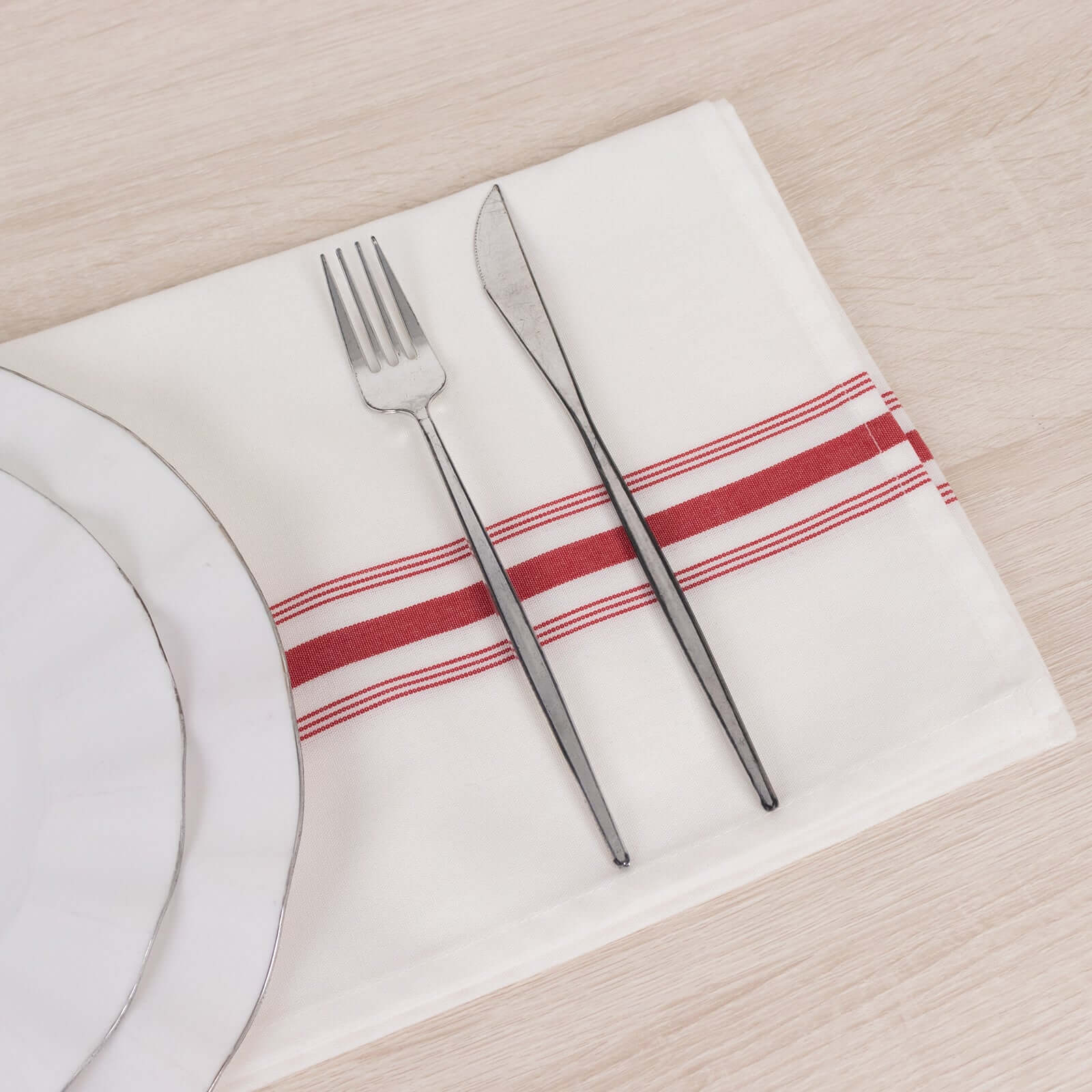 10 Pack Premium Spun Polyester 18"x22" Napkins White/Red Bistro Style - Highly Absorbent Cotton-Like Feel Cloth Napkins