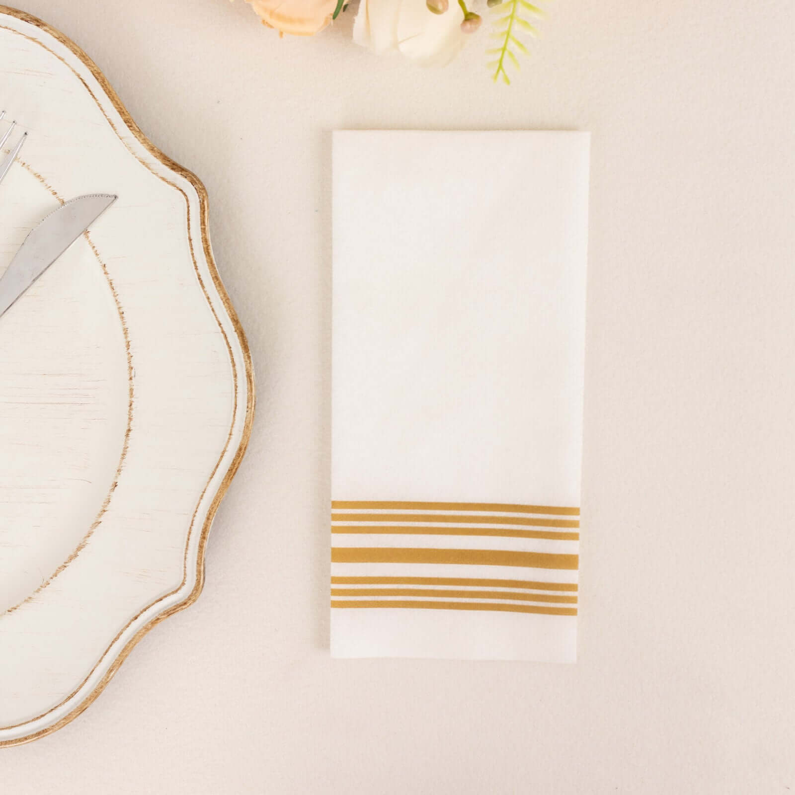 20 Pack Linen-Like Paper 8"x4" Napkins White With Gold Lines - Soft Hygienic Airlaid Guest Towels