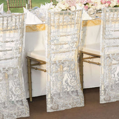 Organza Chiavari Chair Slipcover with Floral Sequin Embroidery White - Stylish Lace Chair Back Cover for Weddings