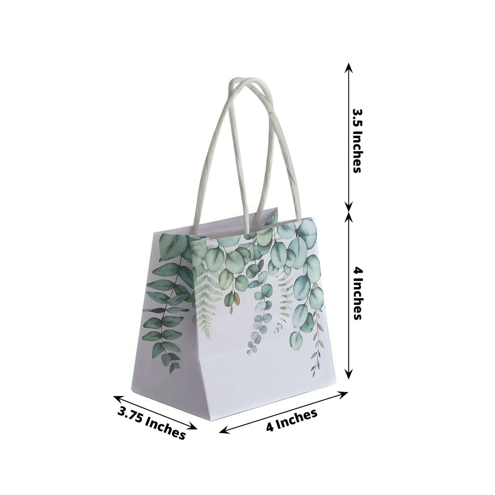 12 Pack White Green Eucalyptus Leaves Paper Party Favor Bags With Handles, Small Gift Goodie Bags - 4"x4"