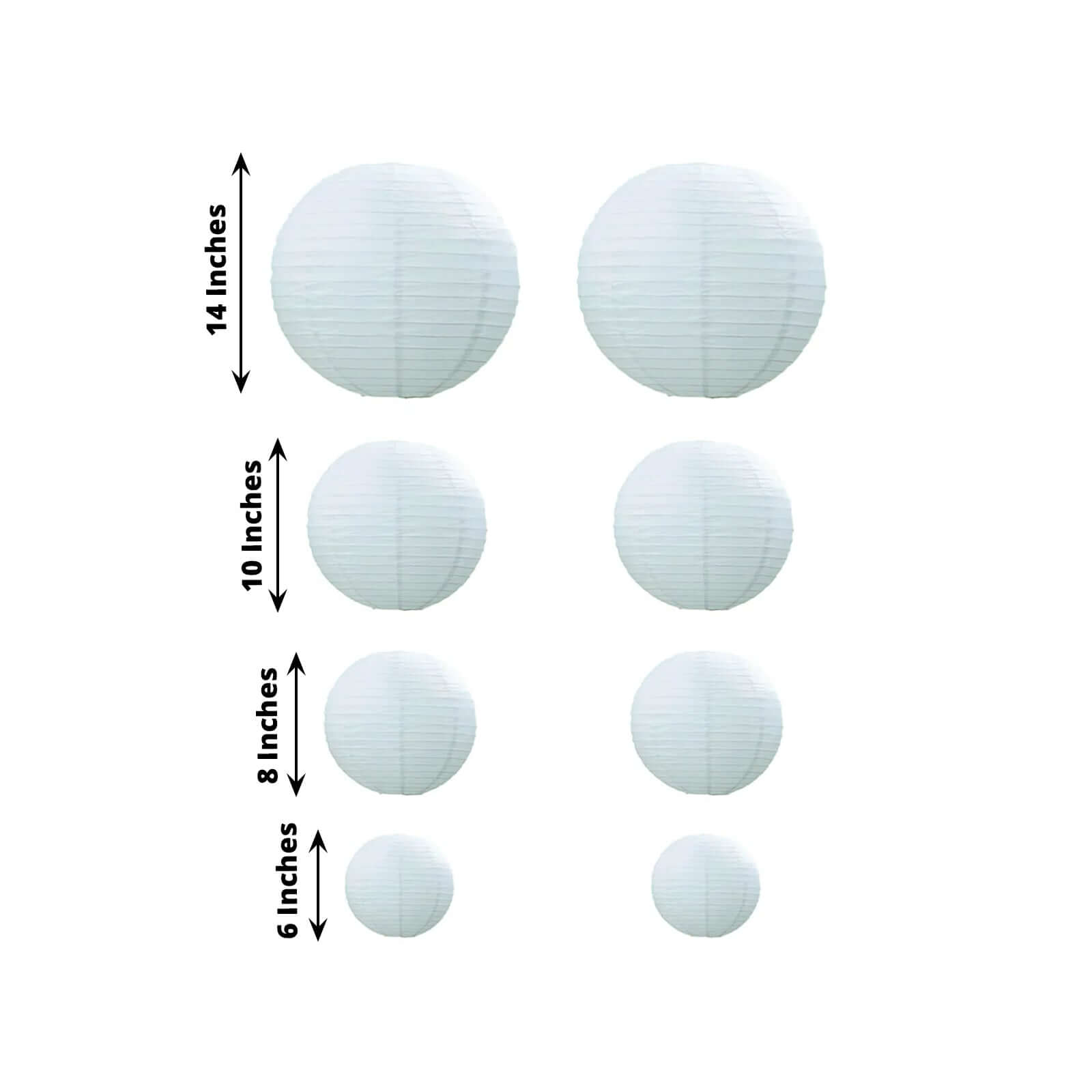 Set of 8 White Hanging Paper Lanterns, Decorative Round Chinese Sky Lanterns, Assorted Sizes  - 6",8",10",14"