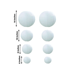 Set of 8 White Hanging Paper Lanterns, Decorative Round Chinese Sky Lanterns, Assorted Sizes  - 6",8",10",14"