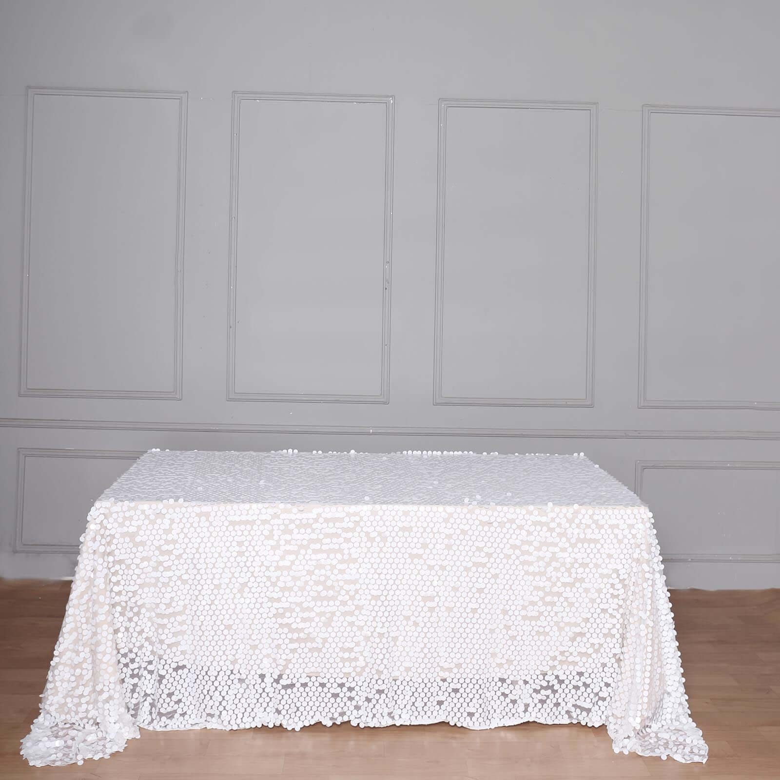 Sequin 90"x132" Rectangle Tablecloth White - Seamless Big Payette Design for Sophisticated Occasions