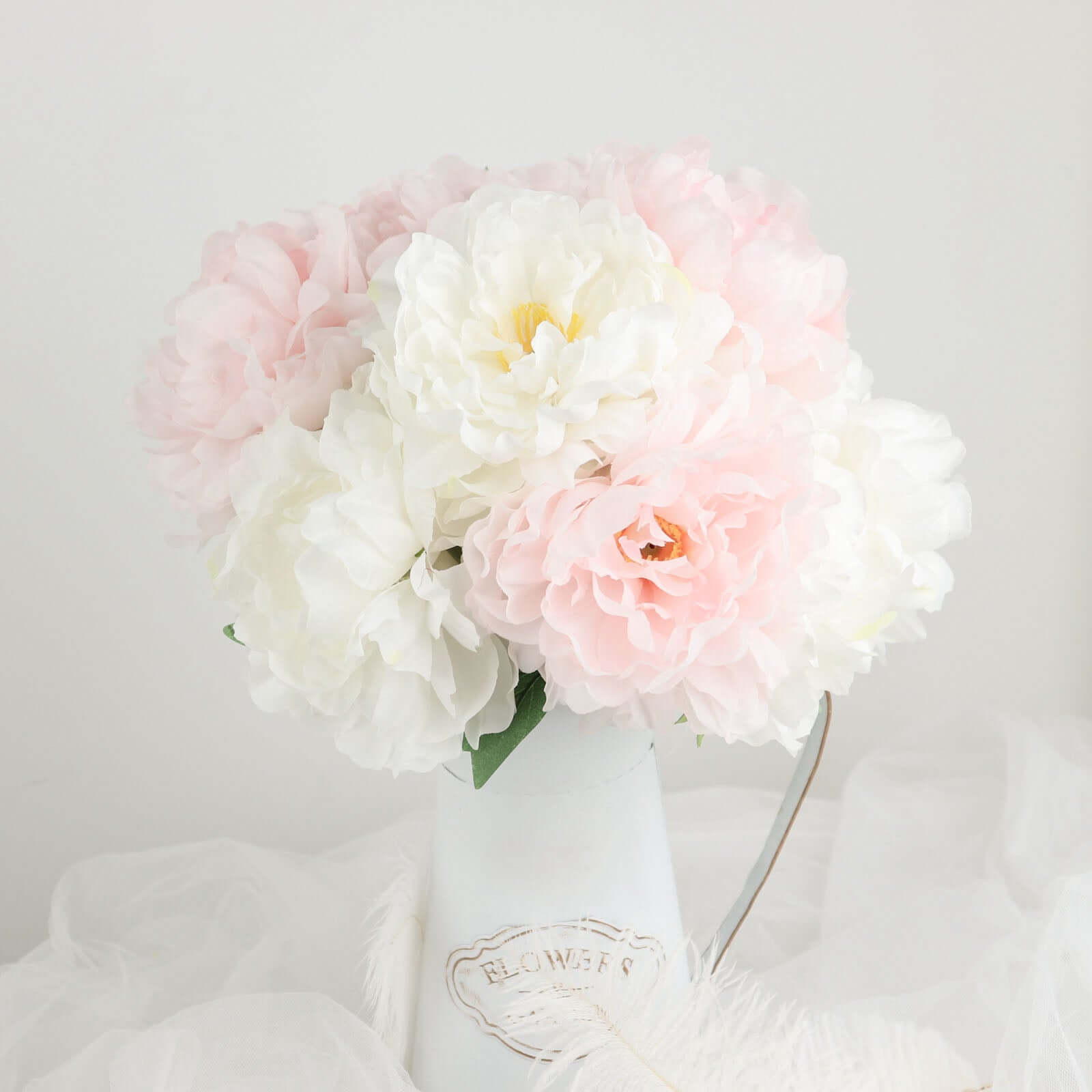 2 Bushes 17" White Artificial Silk Peony Flower Bouquets, Real Touch Peonies Spray