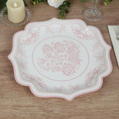 25-Pack Paper Dessert Plates in White with Pink Damask Floral Print & Scallop Rim - Stylish Disposable 300GSM Floral Salad Appetizer Plates 8"