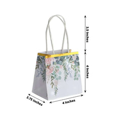 12 Pack White Pink Peony Flower Paper Party Favor Bags With Handles, Small Gift Goodie Bags With Gold Edge - 4"x4"