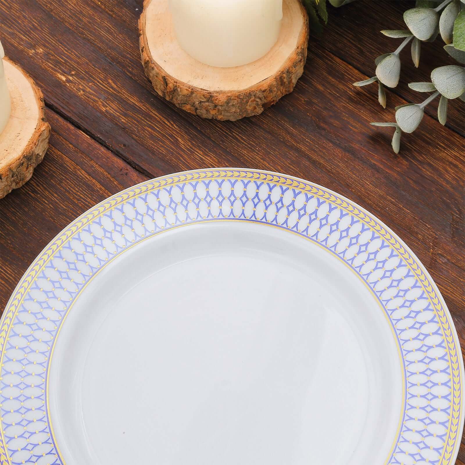 10-Pack Plastic 7" Round Dessert Plates in White with Gold Navy Blue Chord Rim - Renaissance Style Disposable Salad Appetizer Plates for Events & Banquets