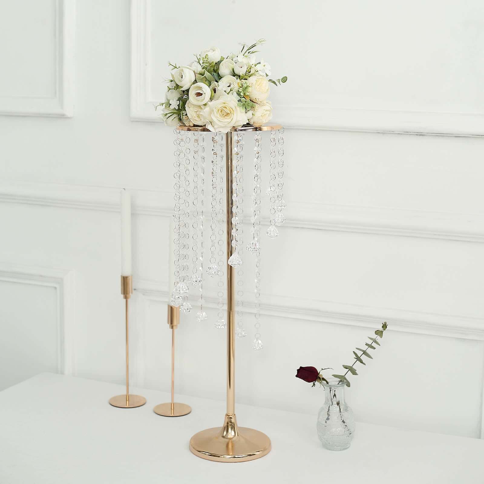 2-Pack Metal Flower Stand Gold with Spiral Hanging Beads - Crystal Pedestal Table Wedding Centerpiece 24"