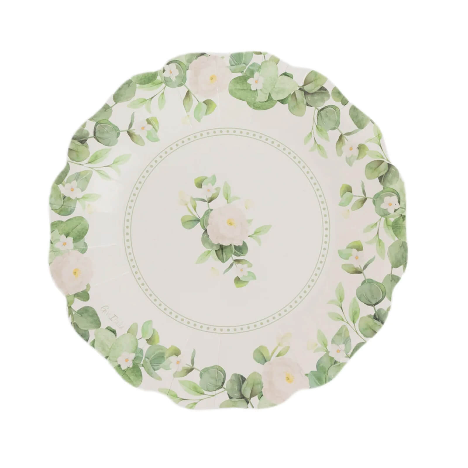 25-Pack Paper 8" Round Dessert Plates in White with Floral Greenery & Scalloped Edges - Disposable Appetizer Salad Plates for Rustic Weddings & Garden Brunches