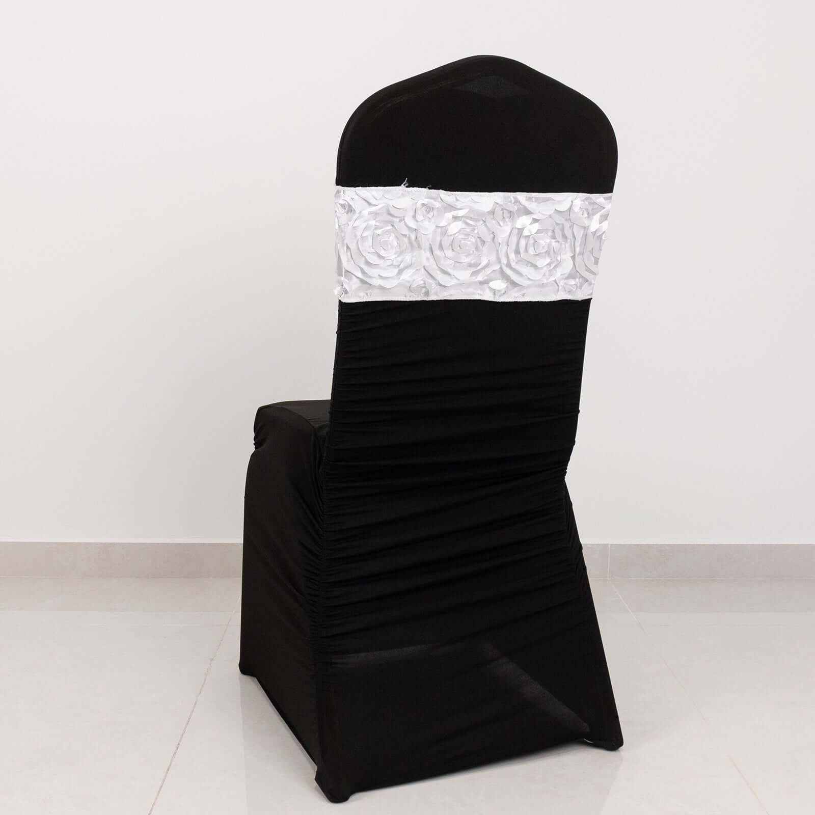 5 Pack Satin Spandex Chair Sashes White - Exquisite Rosette Design Stretch Chair Bands 6"x14"