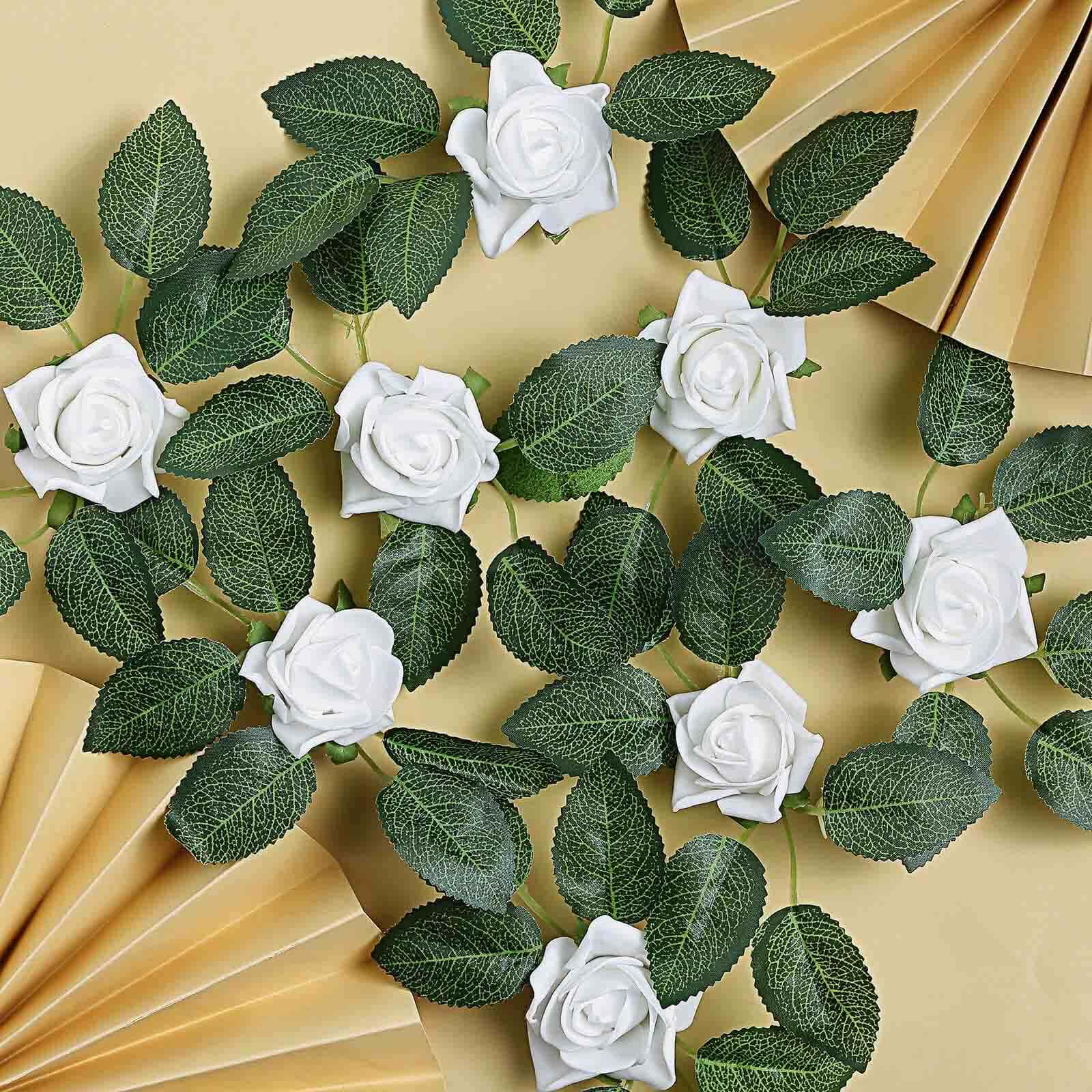 24 Roses 2" White Artificial Foam Flowers With Stem Wire and Leaves