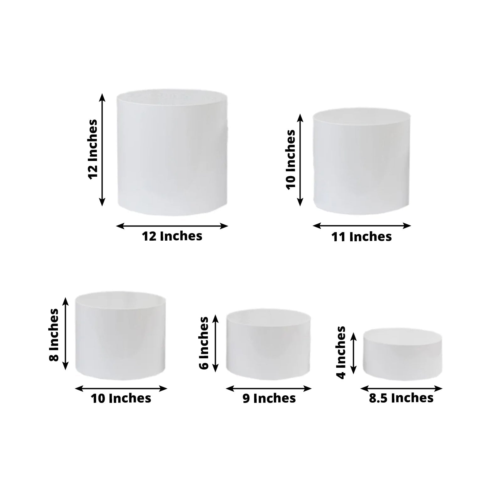 Set of 5 Acrylic Cake Stands Cylinder Design Round Clear - Display Risers for Events 8.5", 9", 10", 11", 12"