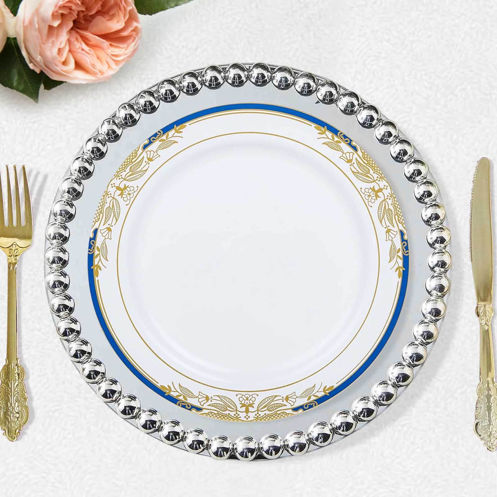 10-Pack Plastic 10" Round Dinner Plates in White with Royal Blue Rim - Stylish Gold Vine Design Disposable Party Plates for Special Occasions & Celebrations
