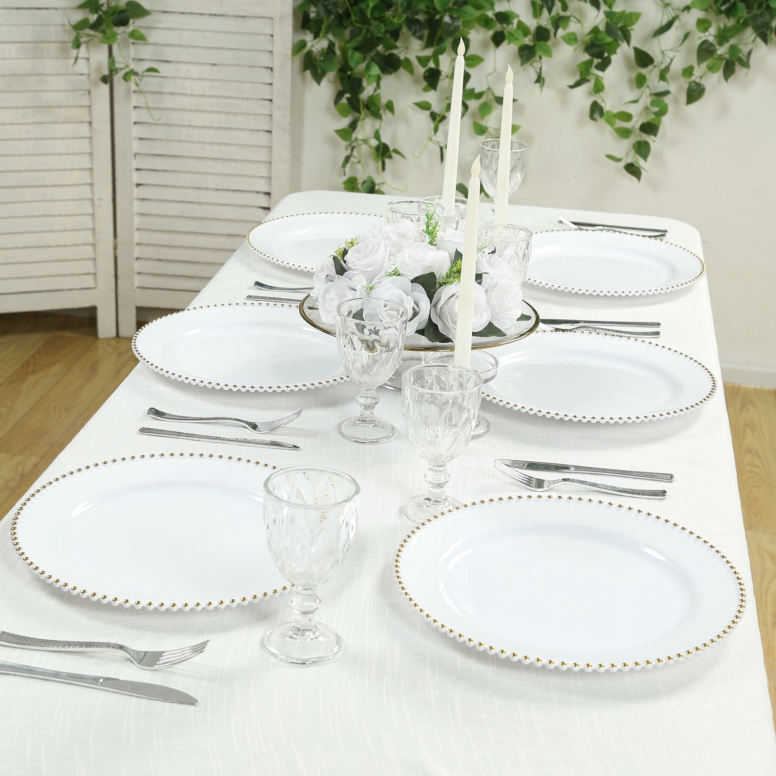 10-Pack Economy Round Plastic Charger Plates 13" in White with Gold Beaded Rim, Stylish Dinner Party Serving Plates