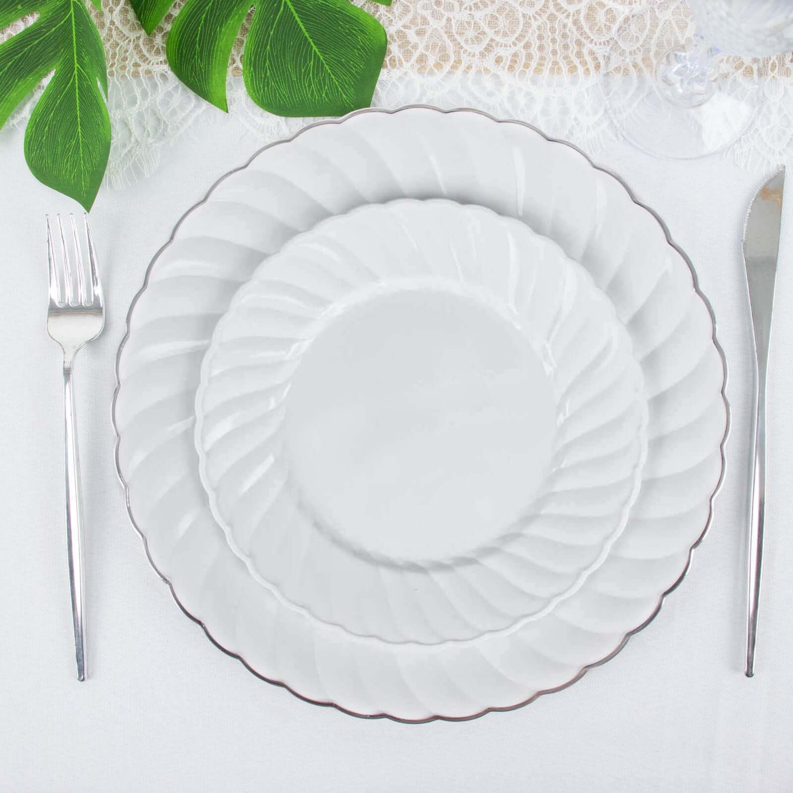 12-Pack Plastic Dessert Plates White Flair Rim - Sturdy Disposable Salad Plates 7.5"