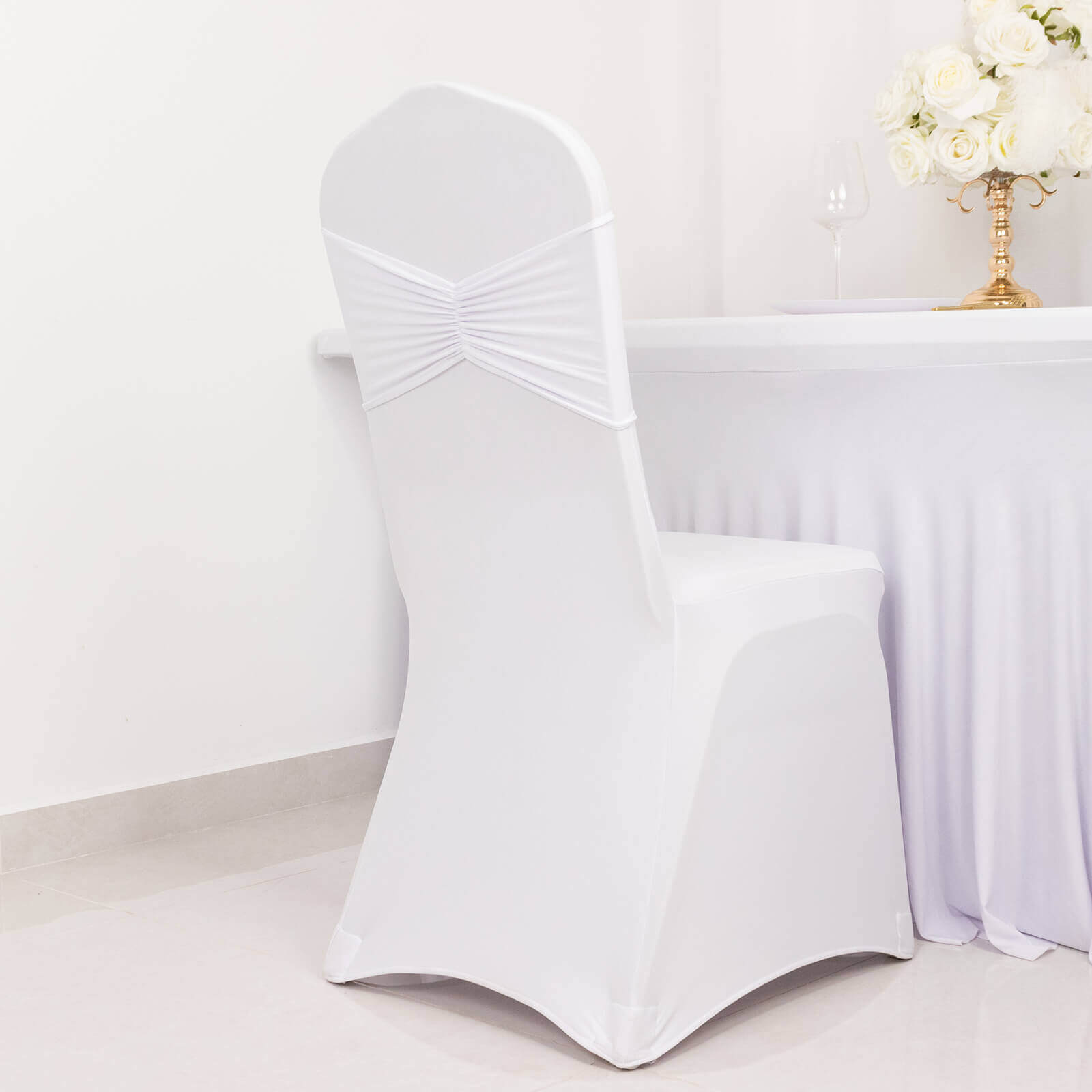 5 Pack Spandex Chair Sashes White Ruffled Style - Wide Easy to Use Stretch Chair Bands for Classy Wedding and Event Decor 8"x13"