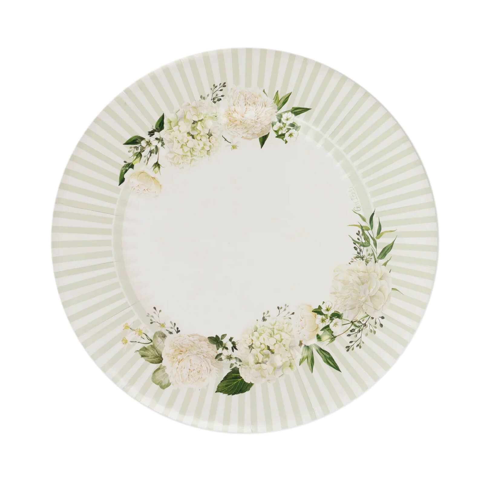 25-Pack Paper 10" Round Dinner Plates in White with Sage Green Floral Print & Lined Rim - Disposable Party Plates for Bridal Showers & Luncheons