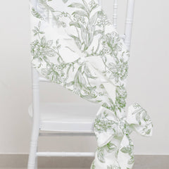 Polyester Chair Sashes White Dusty Sage Green French Toile Floral Design - Wrinkle-Resistant & Durable Chair Bows 6"x108"