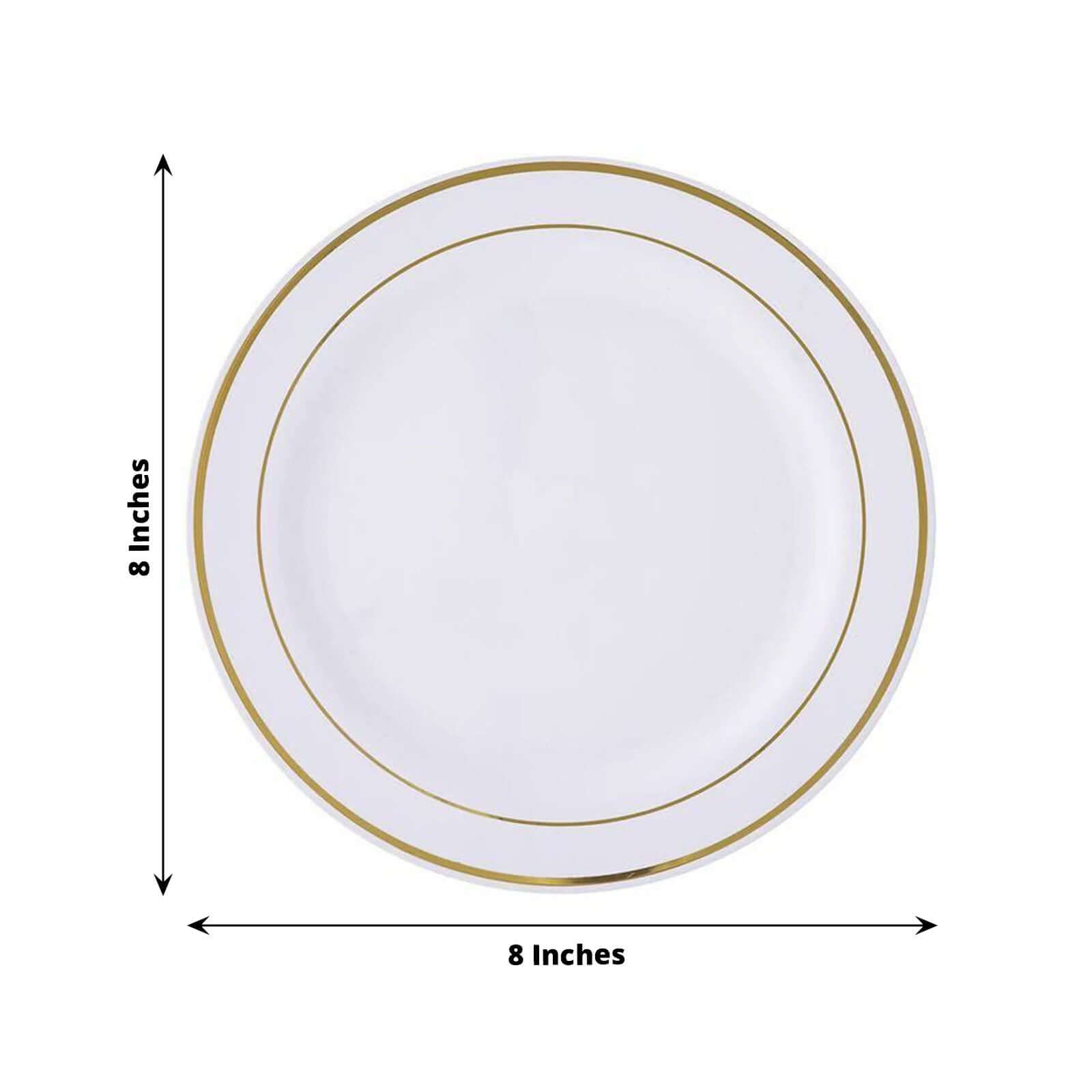 10-Pack Plastic Dessert Plates White with Très Chic Gold Rim - Disposable Plates for Parties 8"