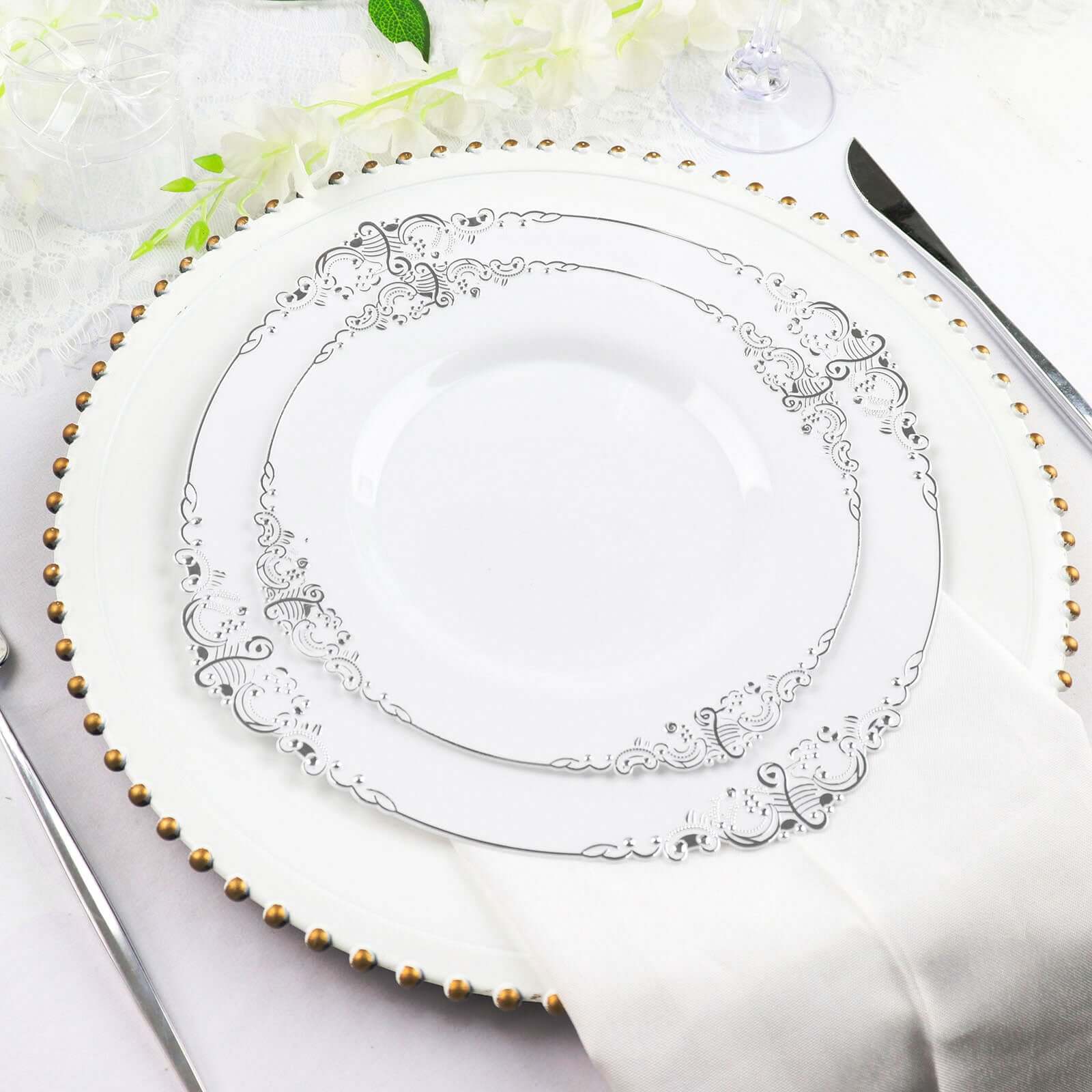10-Pack Plastic 8" Round Dessert Plates in White with Silver Leaf Embossed Rim - Disposable Vintage Baroque Style Salad Plates