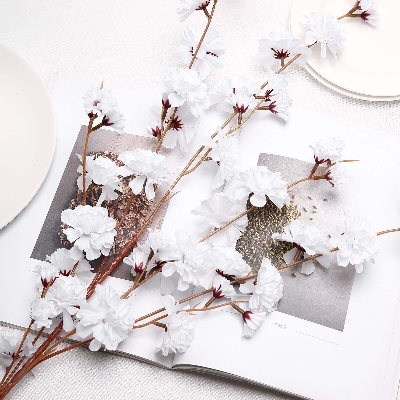 2 Branches 42" Tall White Artificial Silk Carnation Flower Stems