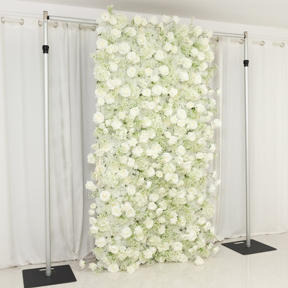 8ftx4ft Roll Up Artificial Flower Wall Panel Backdrop with White Silk Roses & Baby's Breath