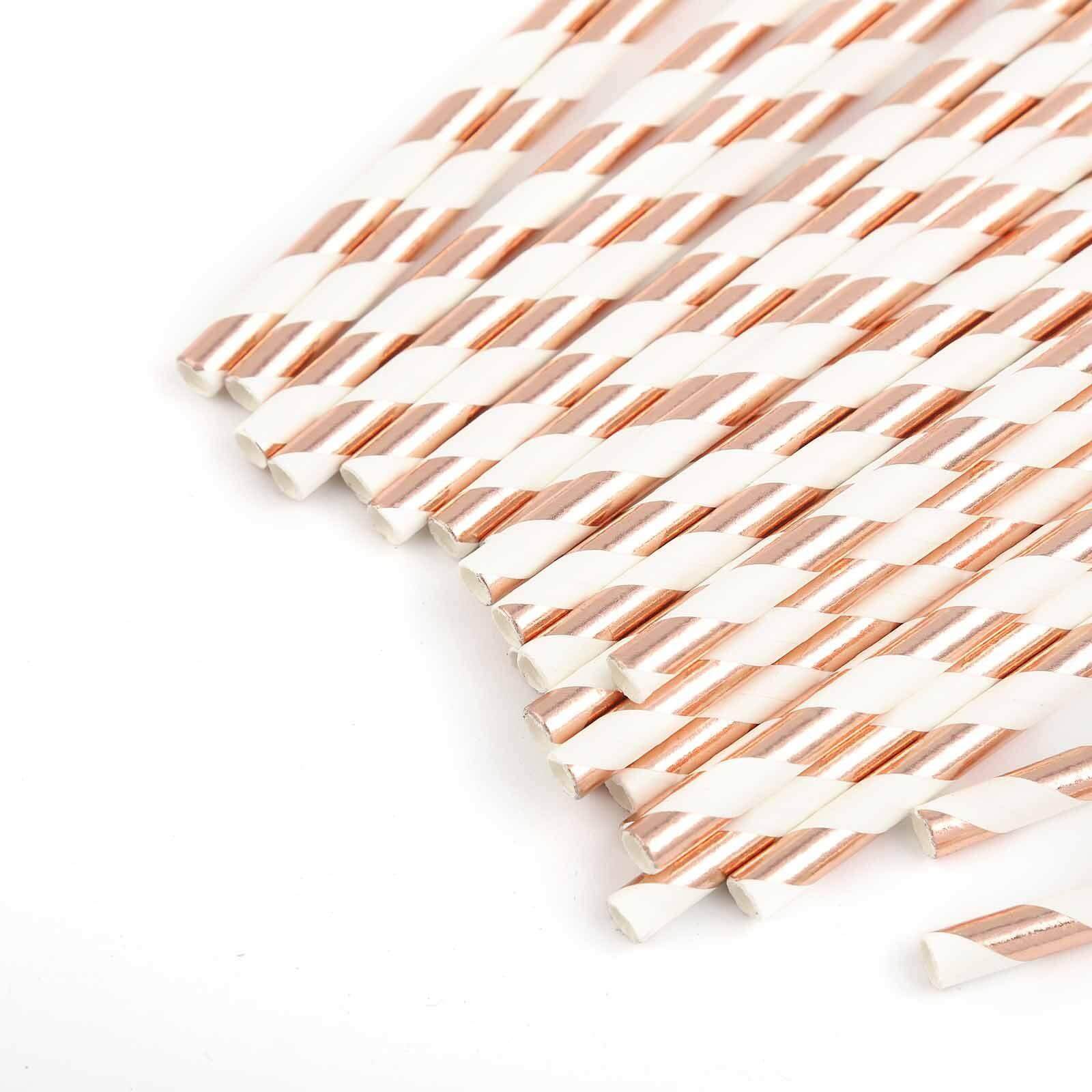 25-Pack Paper Straws White/Rose Gold Striped - Stylish Disposable Straws for Drinks 8"