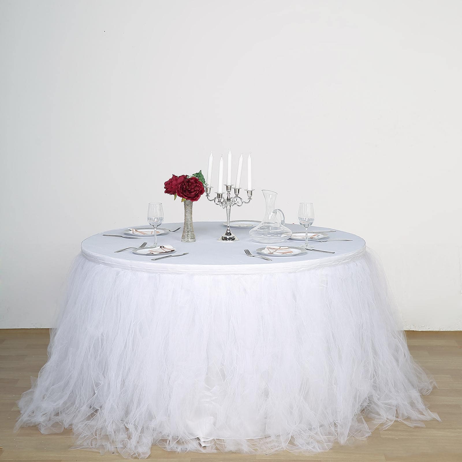 Tulle 21ft Table Skirt White - 4 Layer Pleated Tutu Chic & Soft Event Table Cover