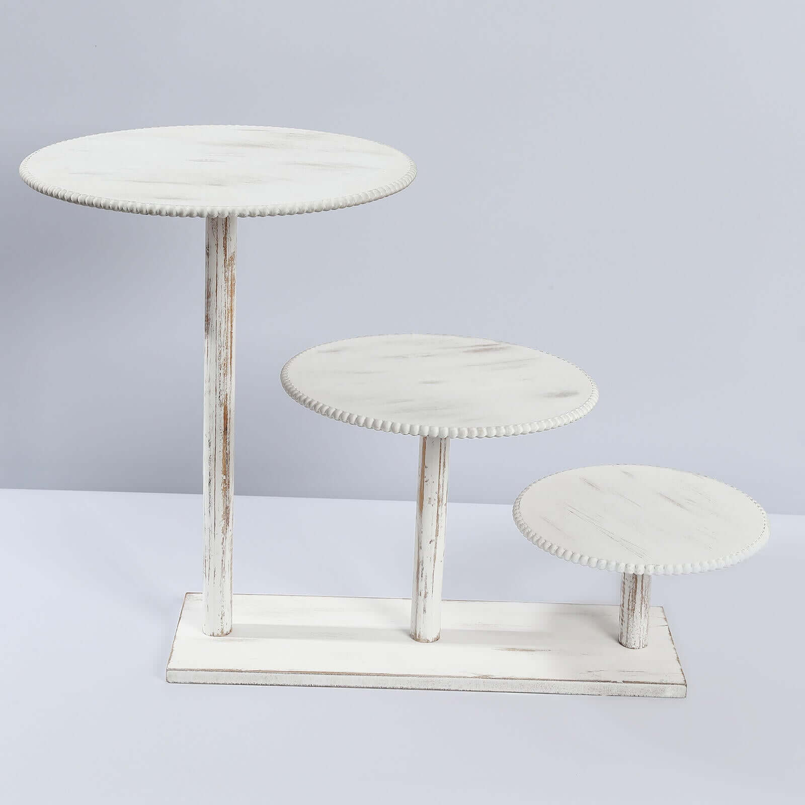 3-Tier Wooden Cake Stand Whitewash with Round Beaded Rim Trays - Rustic Cupcake Tower Dessert Display 24"x16"