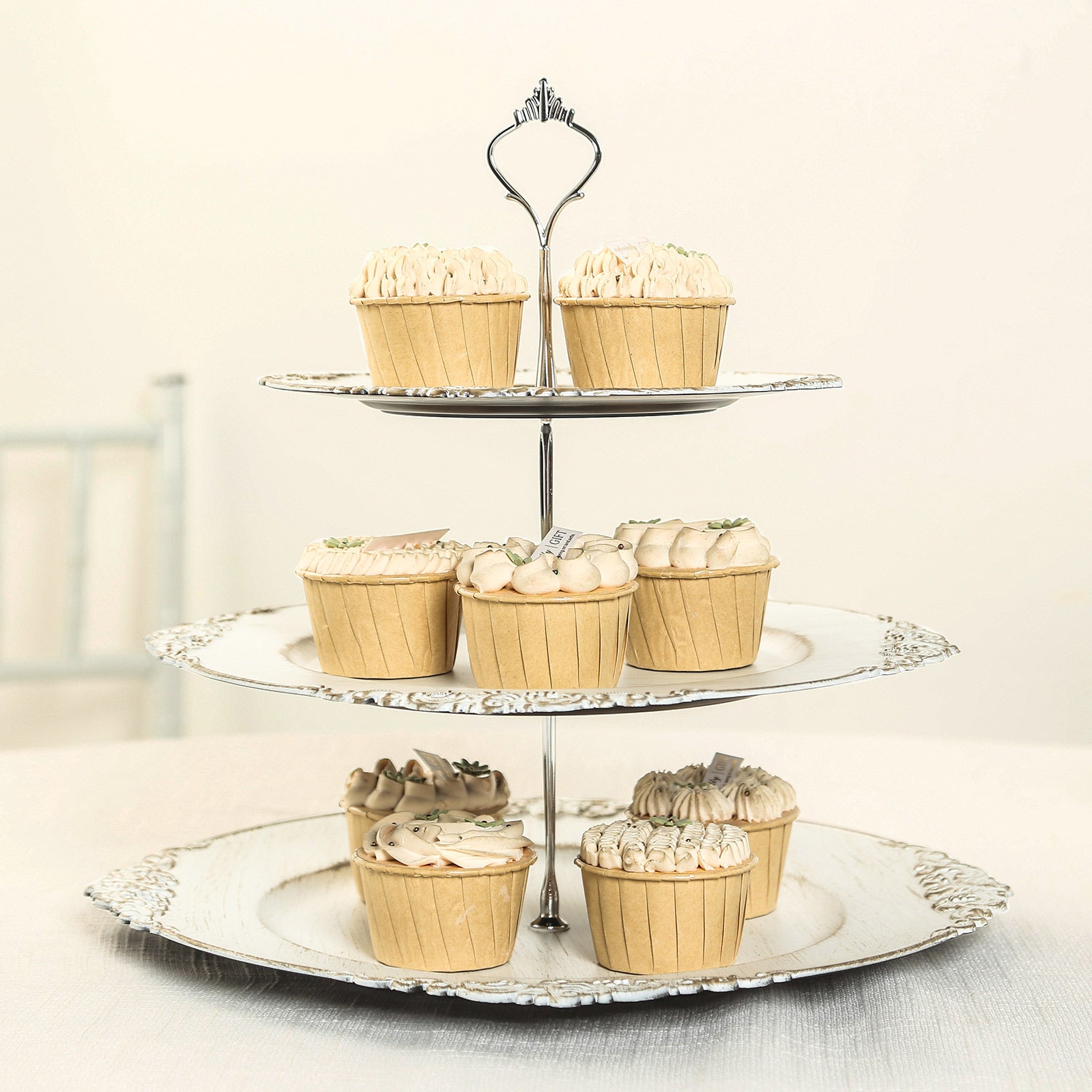 3-Tier Plastic Round Cupcake Stand Whitewashed with Antique Gold Baroque Rim & Top Handle 13"