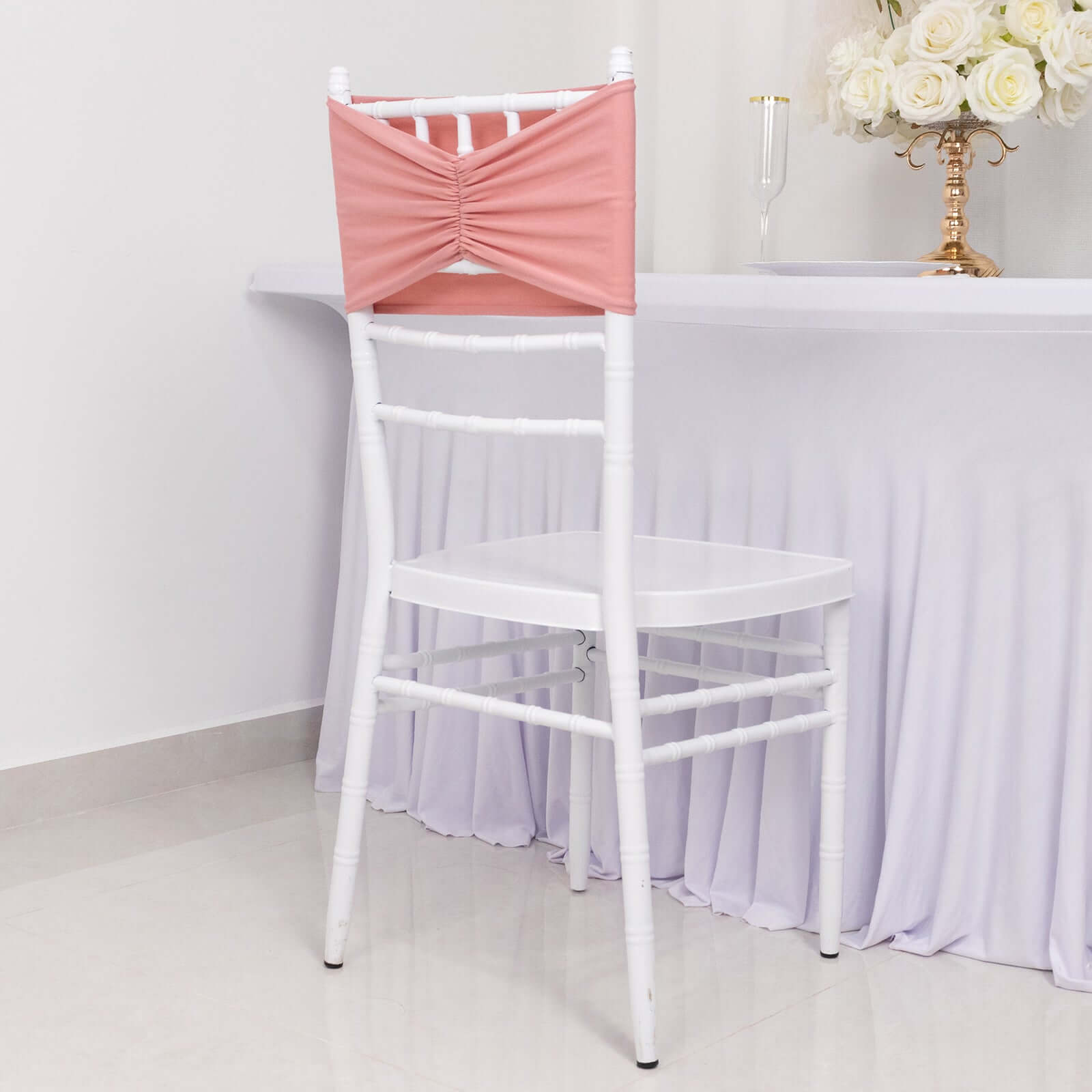 5 Pack Spandex Chair Sashes Dusty Rose Ruffled Style - Wide Easy to Use Stretch Chair Bands 8"x13"