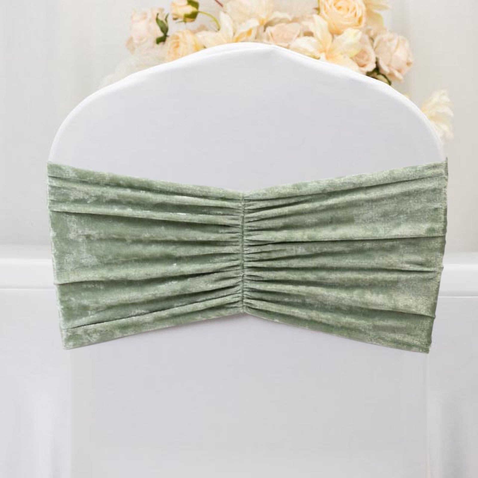 5 Pack Crushed Velvet Chair Bands Sage Green Wide Ruffle Style - Textured Chair Sashes for Stunning Event Decor - 8"x15"