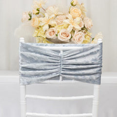 5 Pack Crushed Velvet Chair Bands Dusty Blue Wide Ruffle Style - Textured Chair Sashes for Stunning Event Decor - 8"x15"
