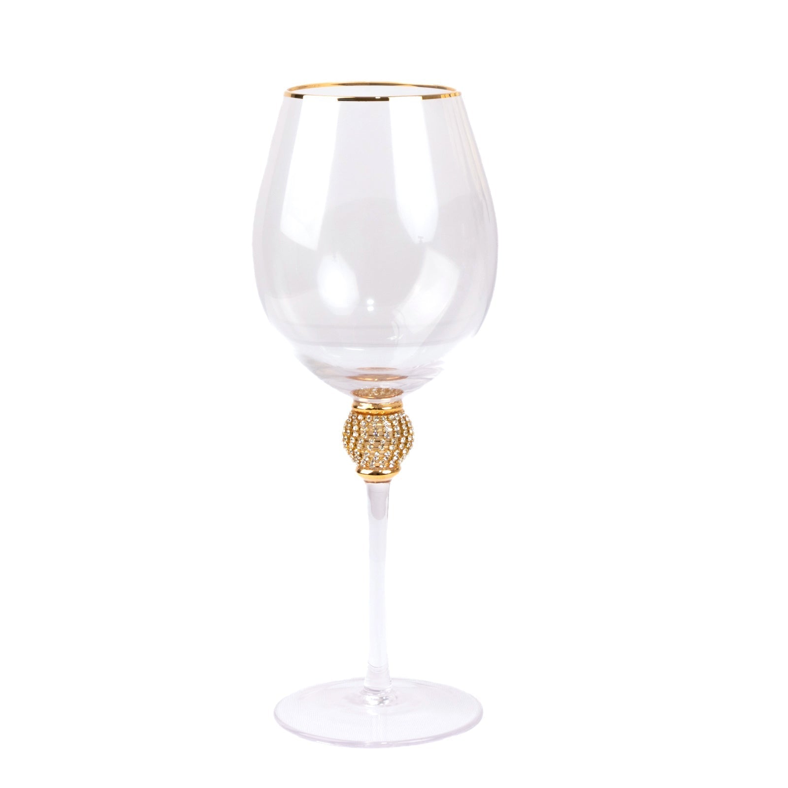 Set of 6 Wine Goblet Glasses Clear Gold Rimmed Design with Rhinestone Studded Stem - Handblown Vintage Crystal Glasses for Cocktails 16oz 10"