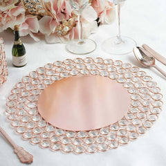 Wired Metal Round Charger Plate 14" in Rose Gold with Acrylic Crystal Beads, Glamorous Decorative Dinner Charger Tableware