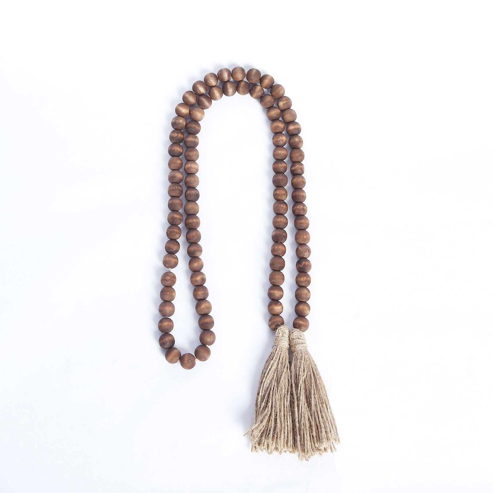 55" Brown Rustic Boho Chic Wood Bead Garland With Tassels, Farmhouse Country Wood Bead Chain