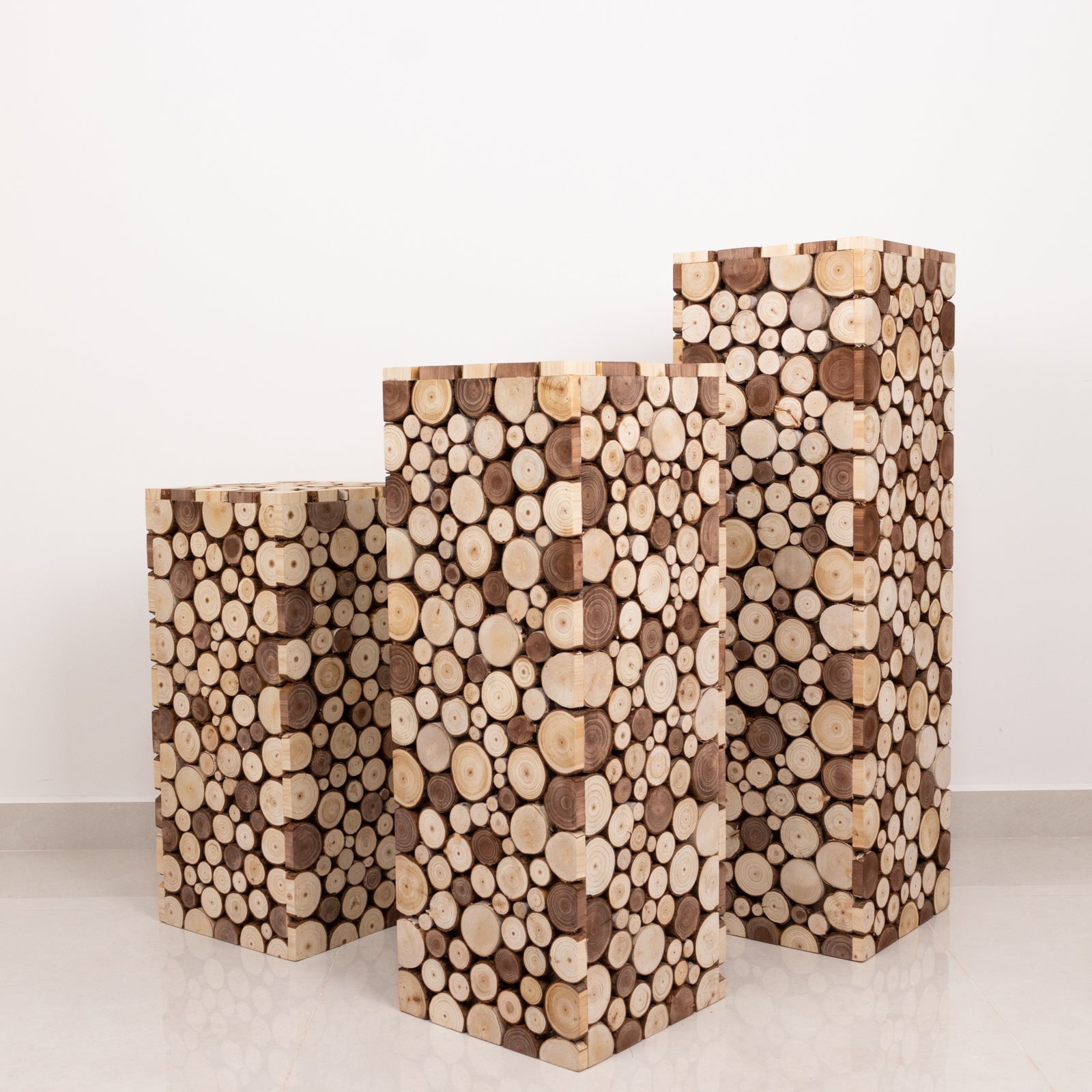 30" Natural Wooden Slices Pillar Prop Pedestal Stand, Rustic Farmhouse Wood Riser Rectangular Plant Stand