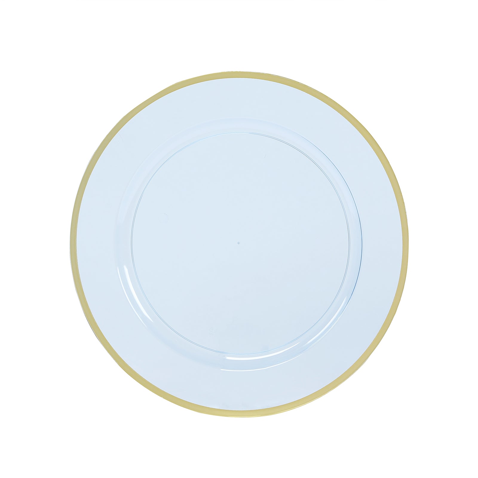 10-Pack Economy Plastic Round Charger Plates 12" in Transparent Dusty Blue with Wide Gold Rim, Decorative Dinner Party Serving Plates