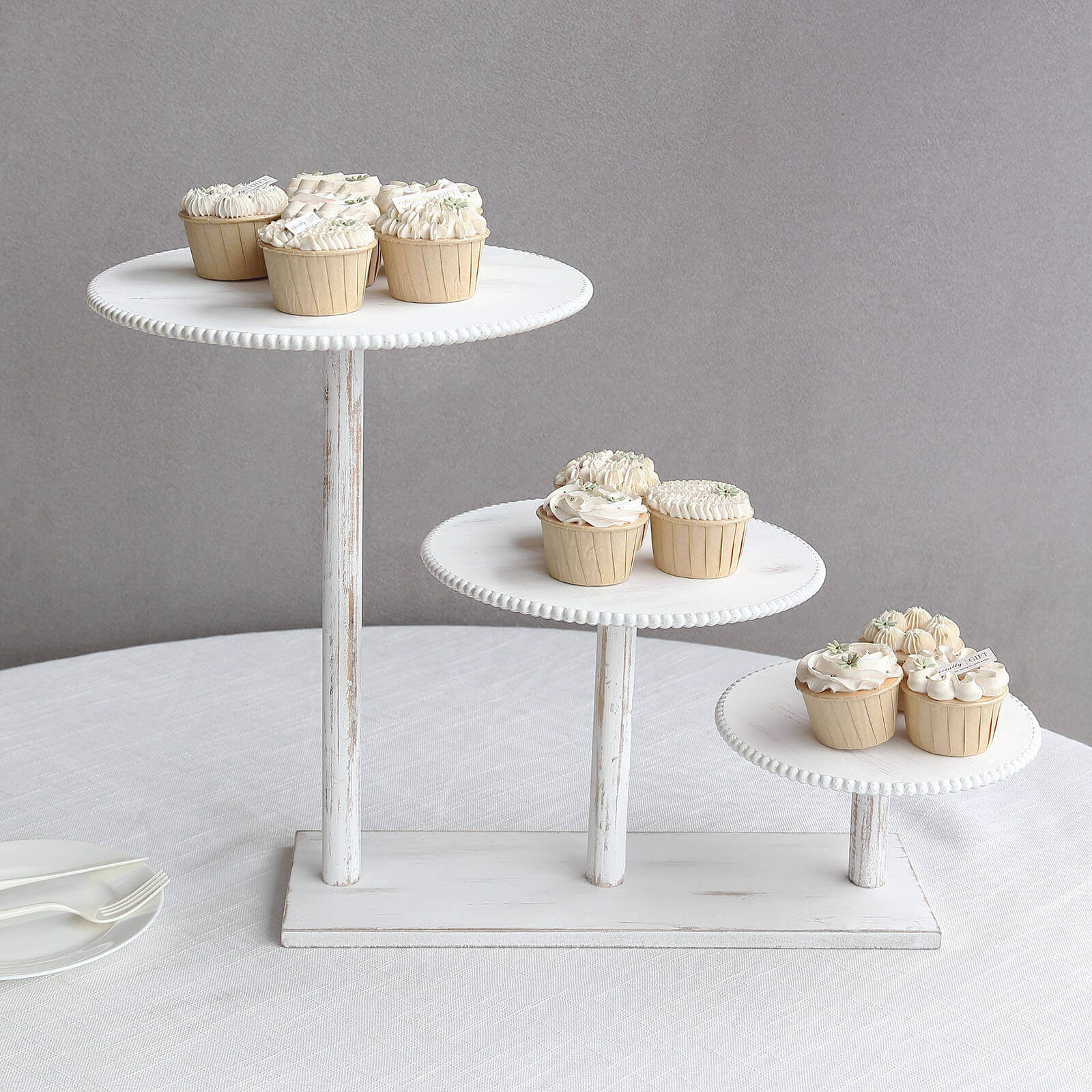 3-Tier Wooden Cake Stand Whitewash with Round Beaded Rim Trays - Rustic Cupcake Tower Dessert Display 24"x16"