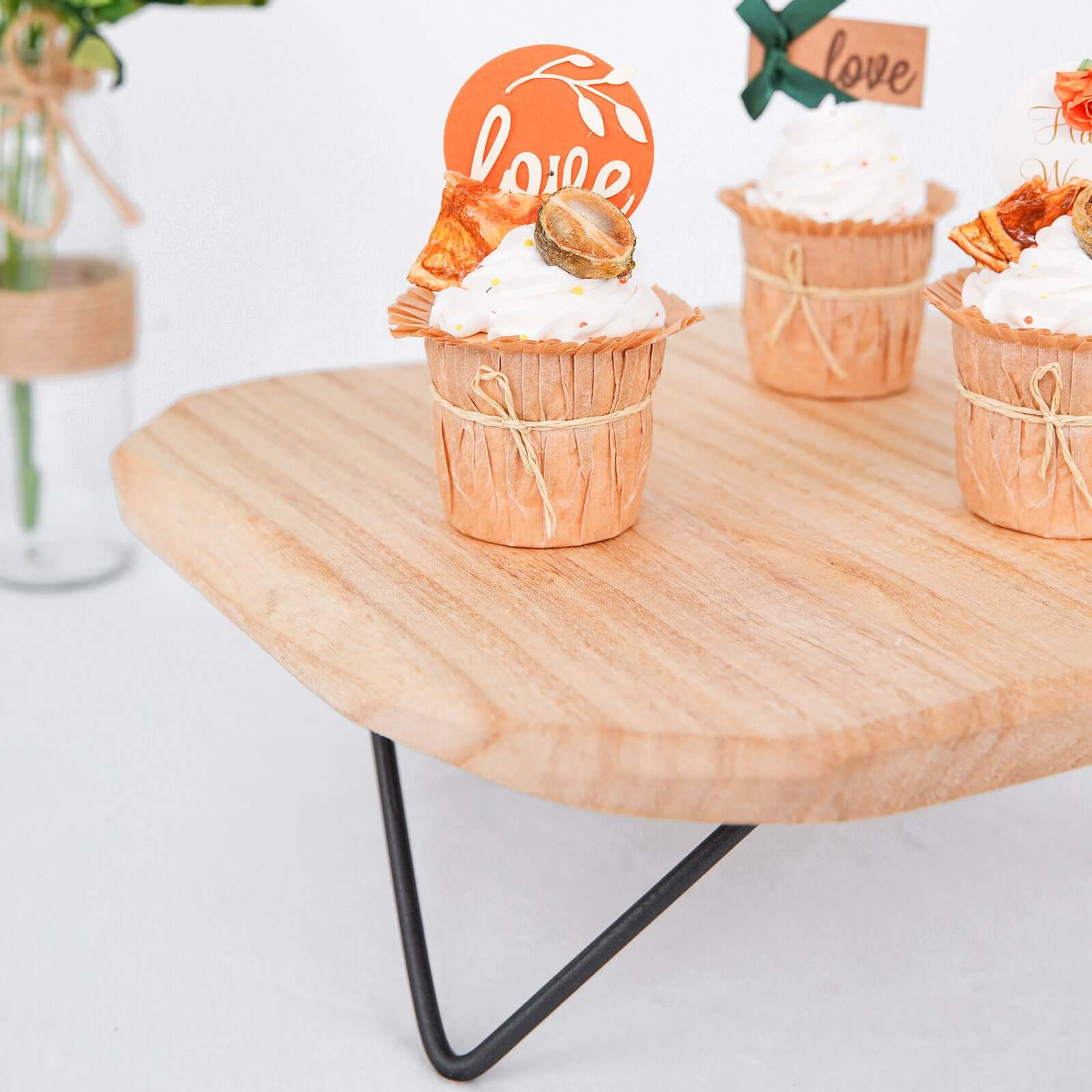 Wooden Cake Cupcake Stand Natural Wood Slice Design - Cheese Board Serving Tray with Hairpin Legs 12" Square