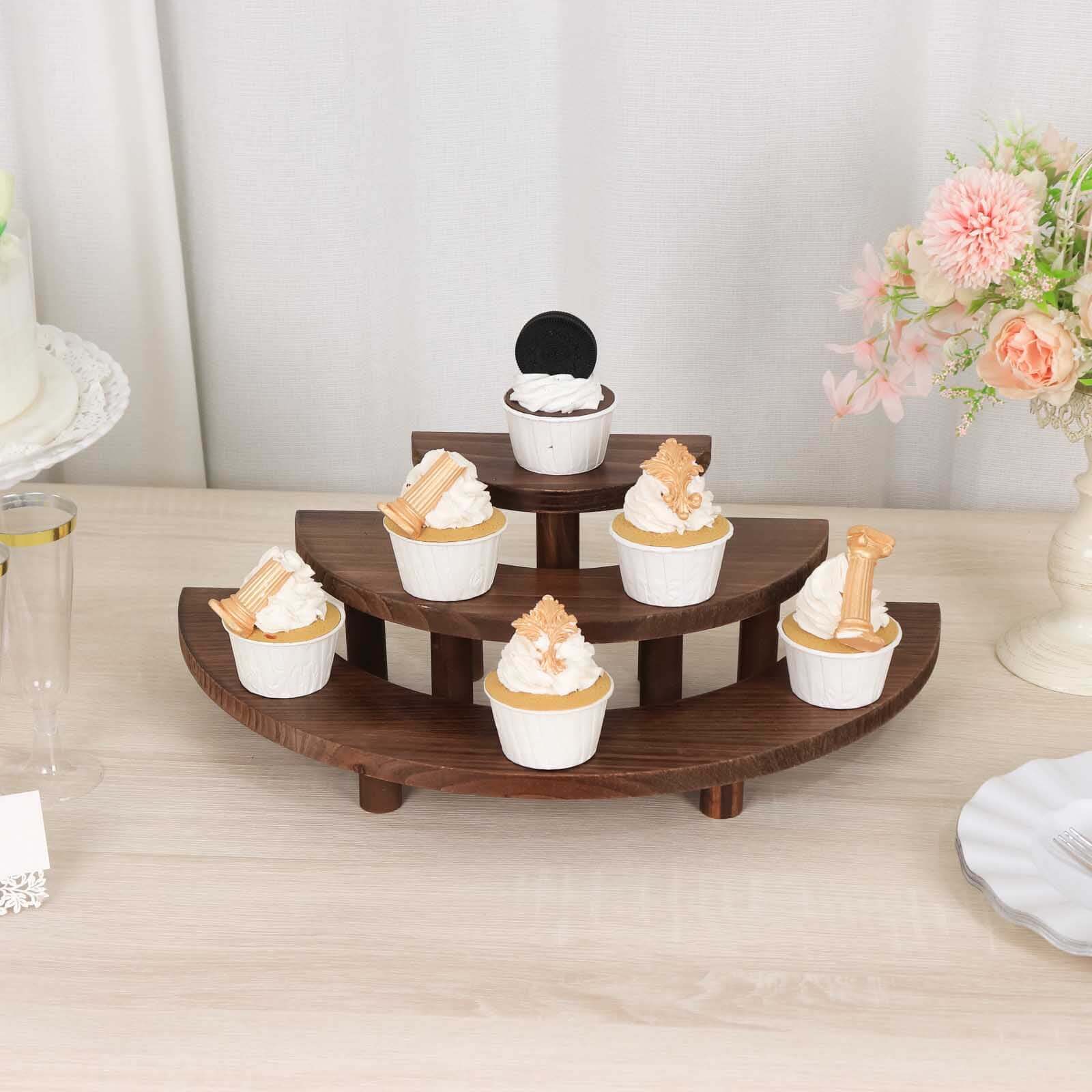 Set of 3 Wooden Dessert Pedestals Rustic Brown 3-Tier Semicircle Design - Half Moon Cupcake Display Risers 7", 13", 18"