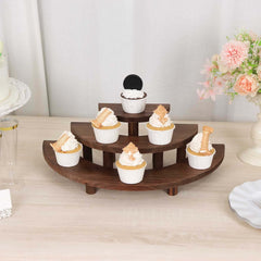 Set of 3 Wooden Dessert Pedestals Rustic Brown 3-Tier Semicircle Design - Half Moon Cupcake Display Risers 7", 13", 18"
