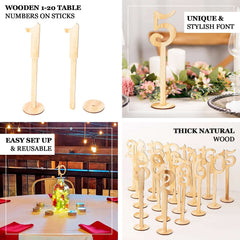 Set of 20 Wooden Wedding Table Numbers Natural 1-20 with Round Holder Base - Rustic Table Signs for Receptions 11" Tall
