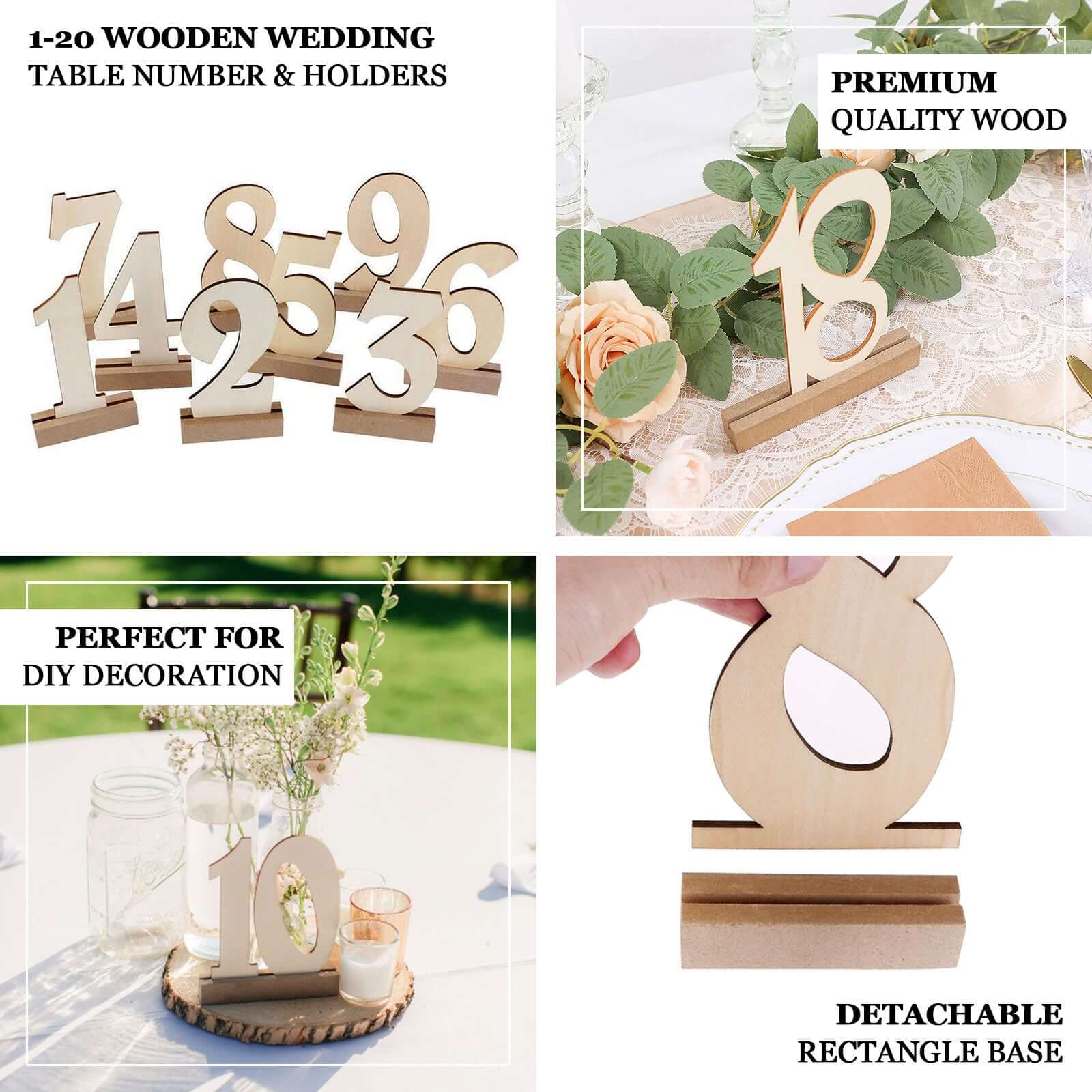 20-Pack Wooden Wedding Table Numbers Natural 1-20 with Holder Base - Perfect Rustic Signs for Receptions 6"