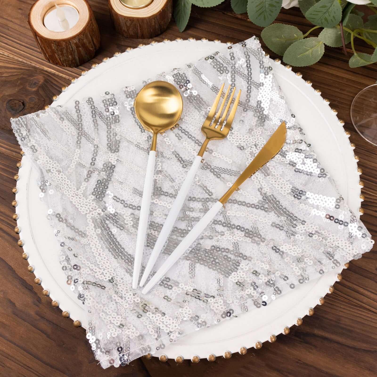 Sequin Mesh 20"x20" Napkin SIlver - Wave Embroidered Reusable Napkin