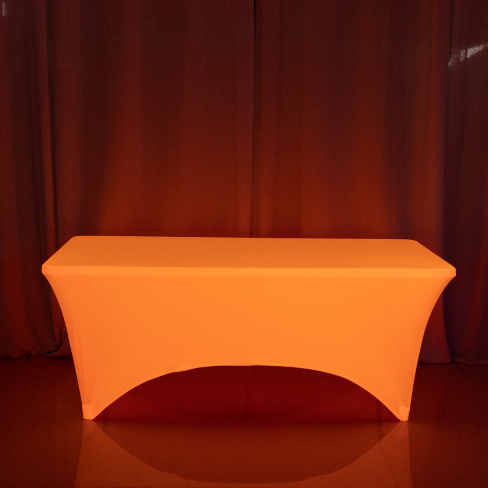 Glow Neon Orange Fitted Spandex Tablecloth – 6ft Rectangle, Wrinkle-Free Cover
